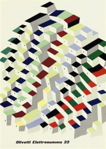 Giovanni Pintori, cartel de la Olivetti Elettrosumma 22, año 1956. Esta estructura informal de cubos numerados de brillantes colores sugiere el proceso de constricción matemática u de adición que esta maquina realiza.